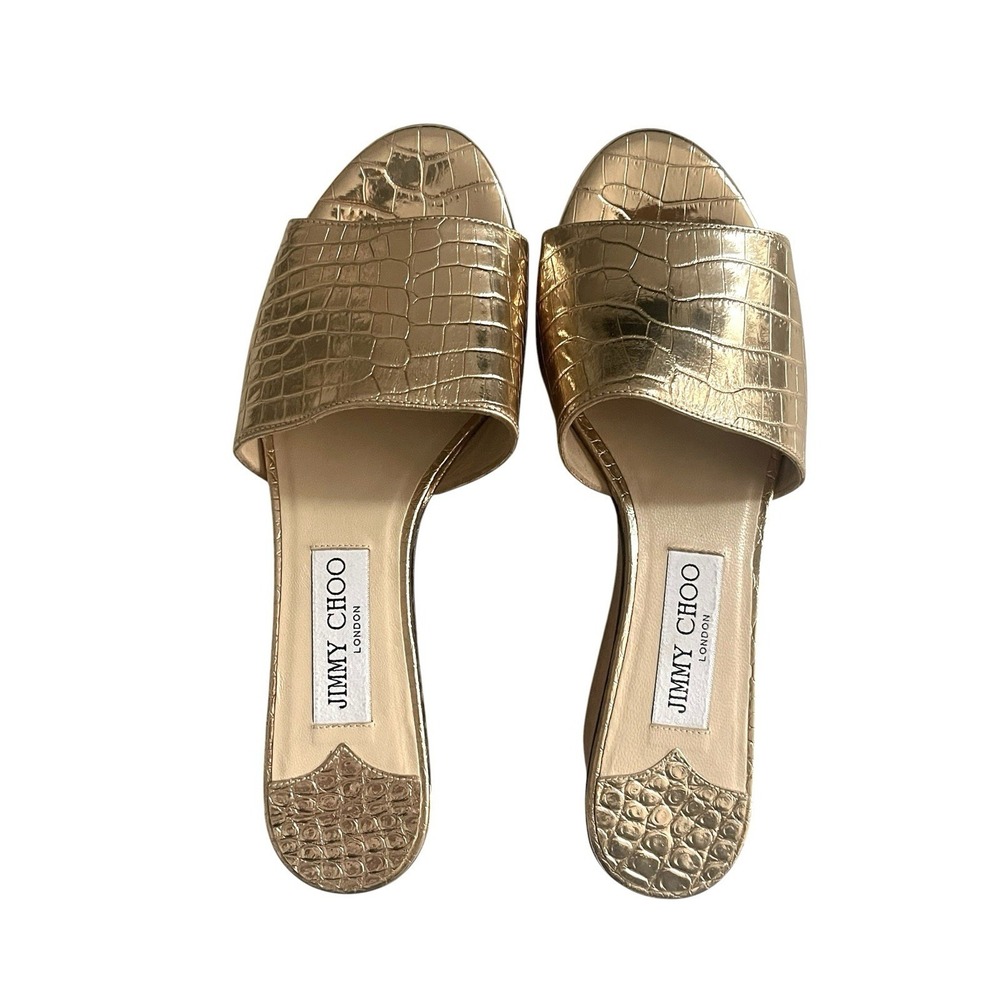 Jimmy Choo Deedee Metallic Cork Platform Sandals Gold Croc Embossed Glam Resort - Picture 6 of 15